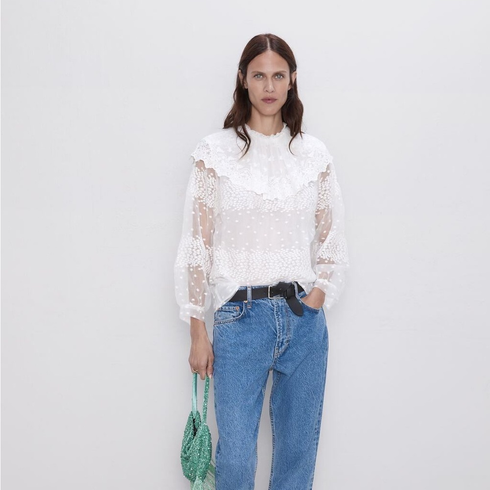 Zara Embroidered Organza Ruffle Blouse S